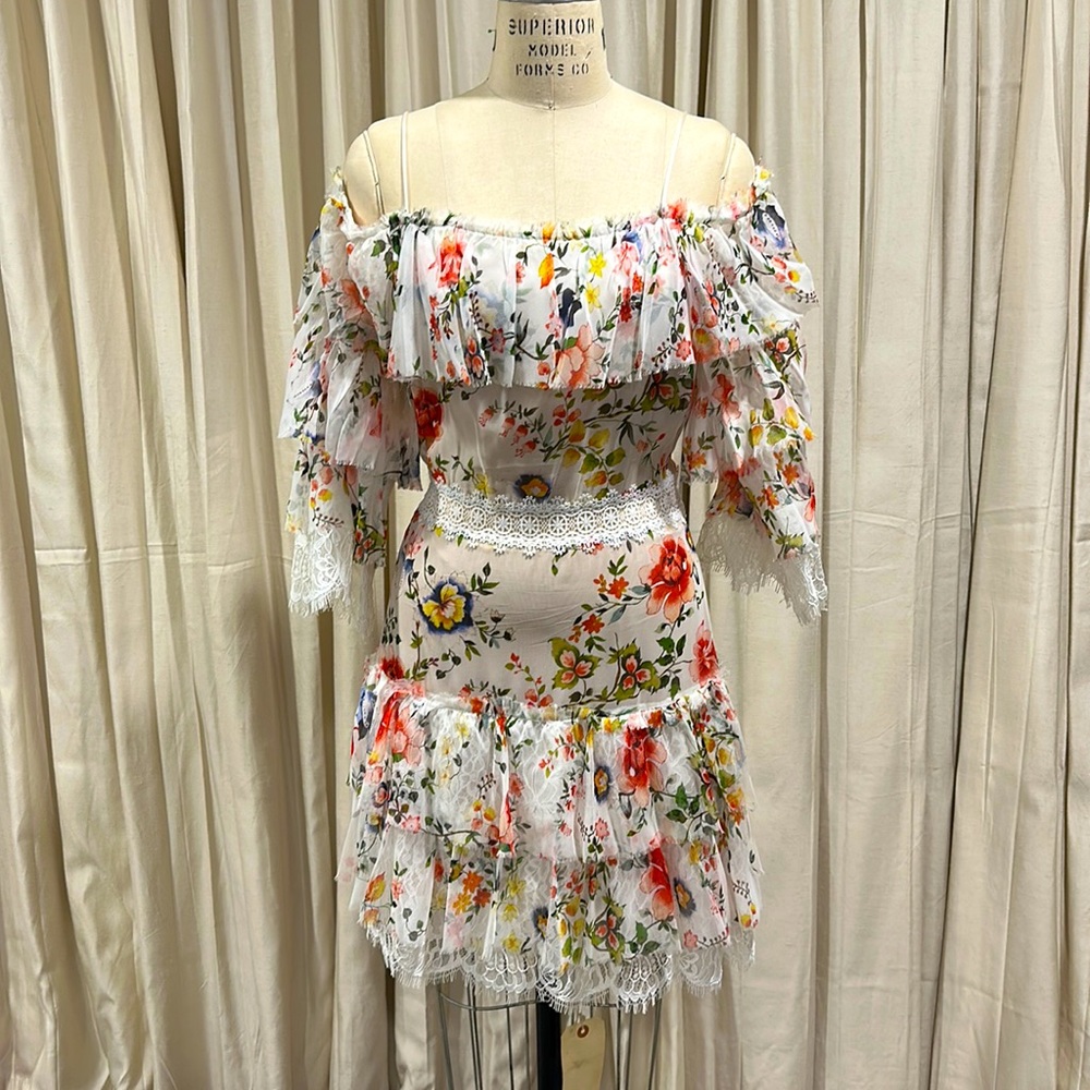 Alice and Olivia Floral chiffon lace dress off the shoulder